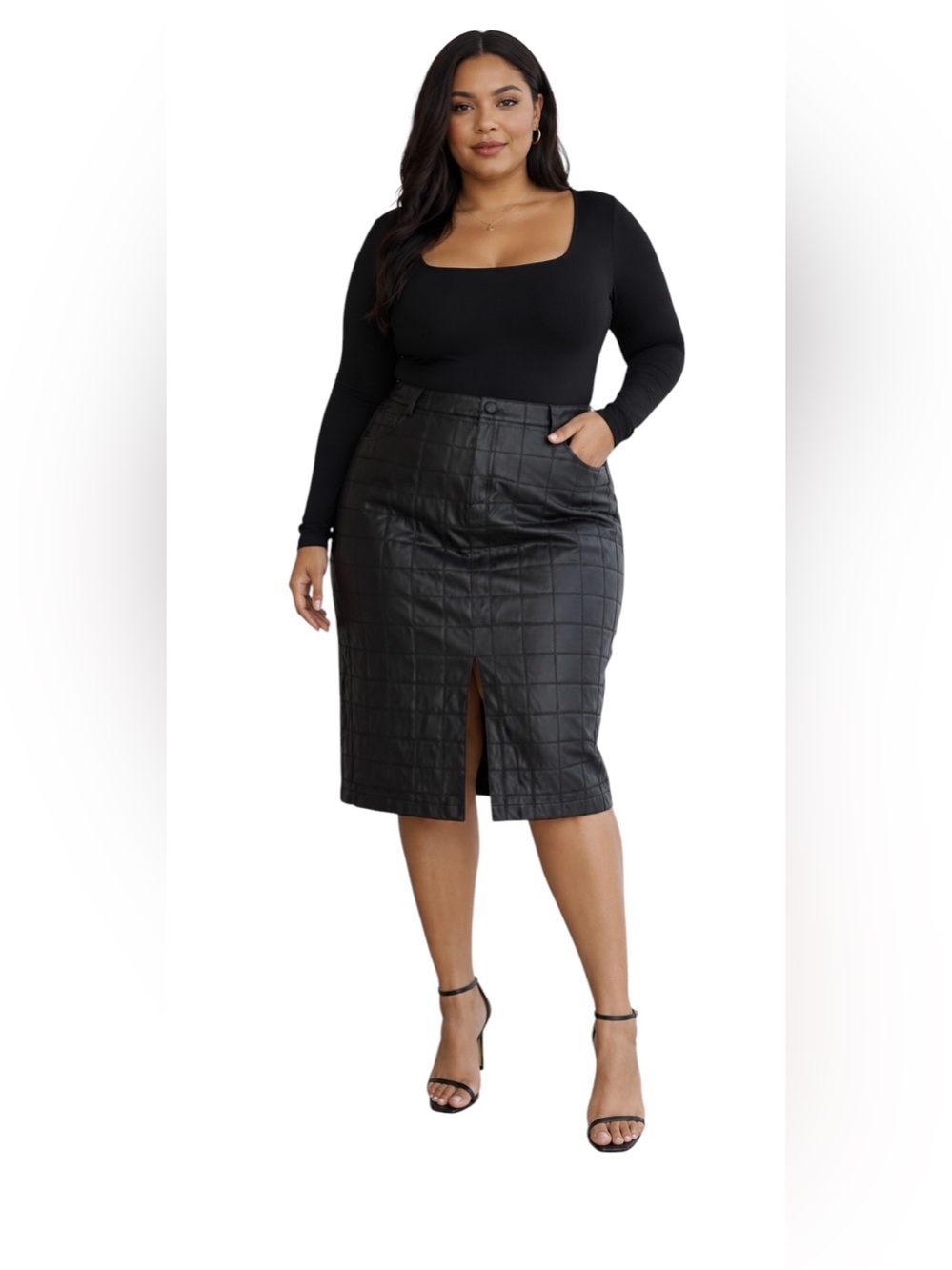 NWT Halogen Faux Leather Windowpane Textured Midi Skirt Size 14 Black